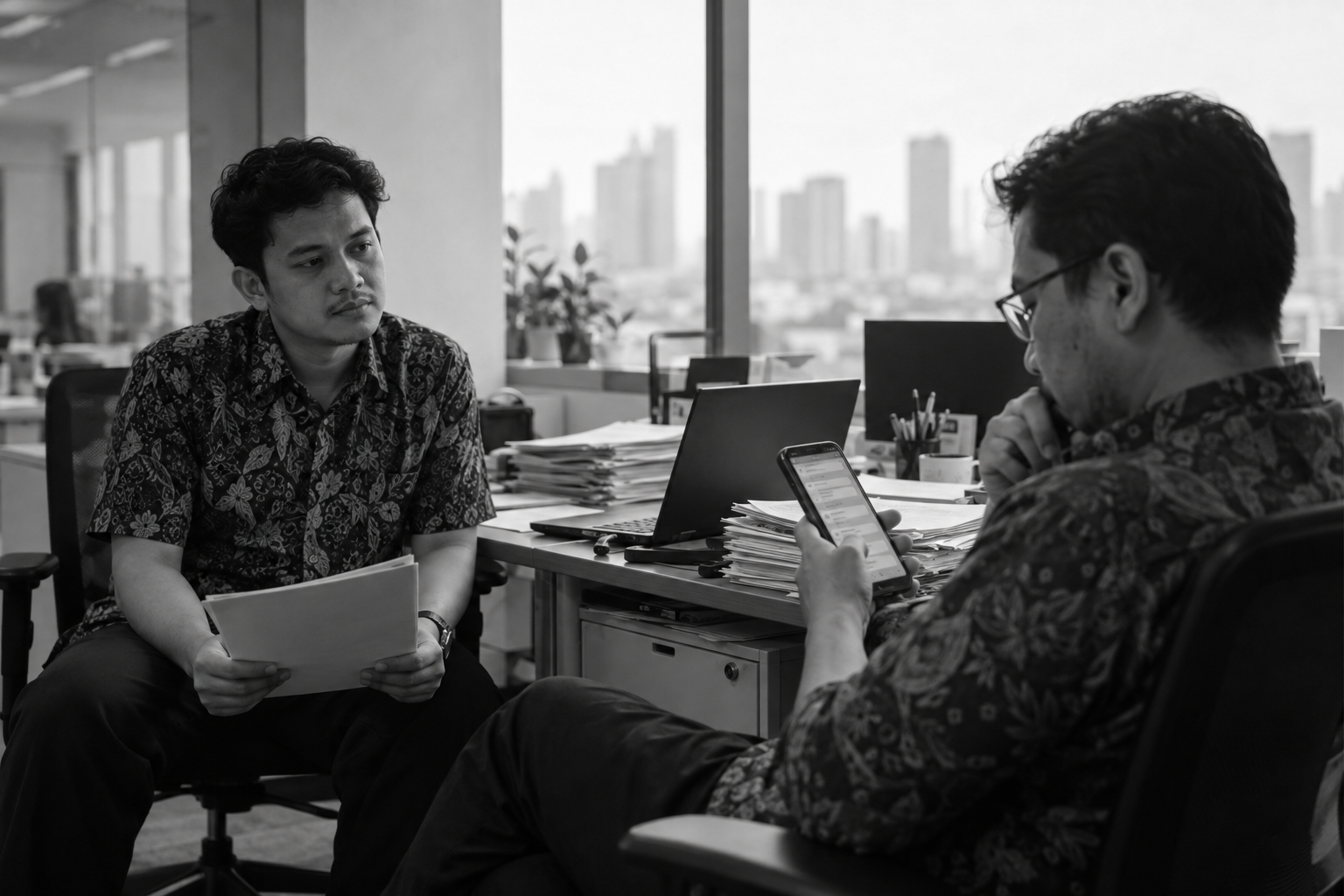 Black-and-white photo of two colleagues at an office desk with papers and a phone