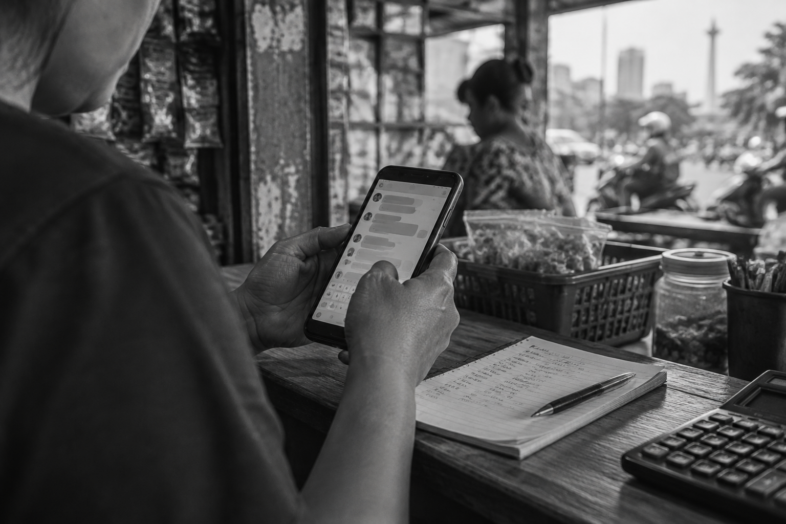 Black-and-white photo of a hand holding a phone with chat messages at a shop counter