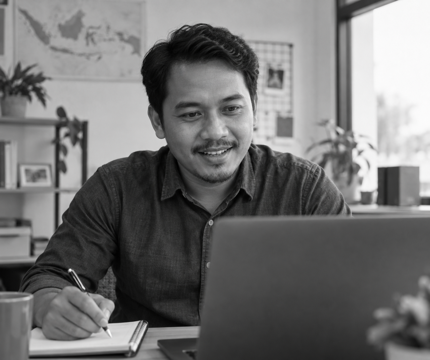 Black-and-white photo of a man taking notes at a laptop in a small office