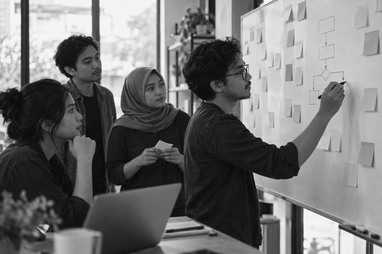 Black-and-white photo of a team mapping a process with sticky notes on a whiteboard
