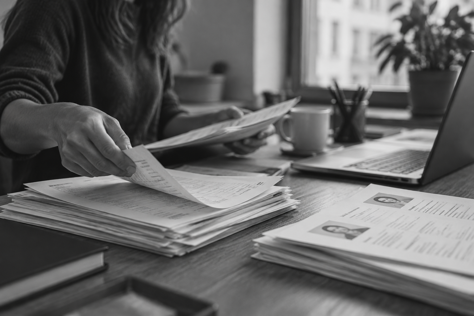 Black-and-white photo of hands sorting through stacks of paper documents