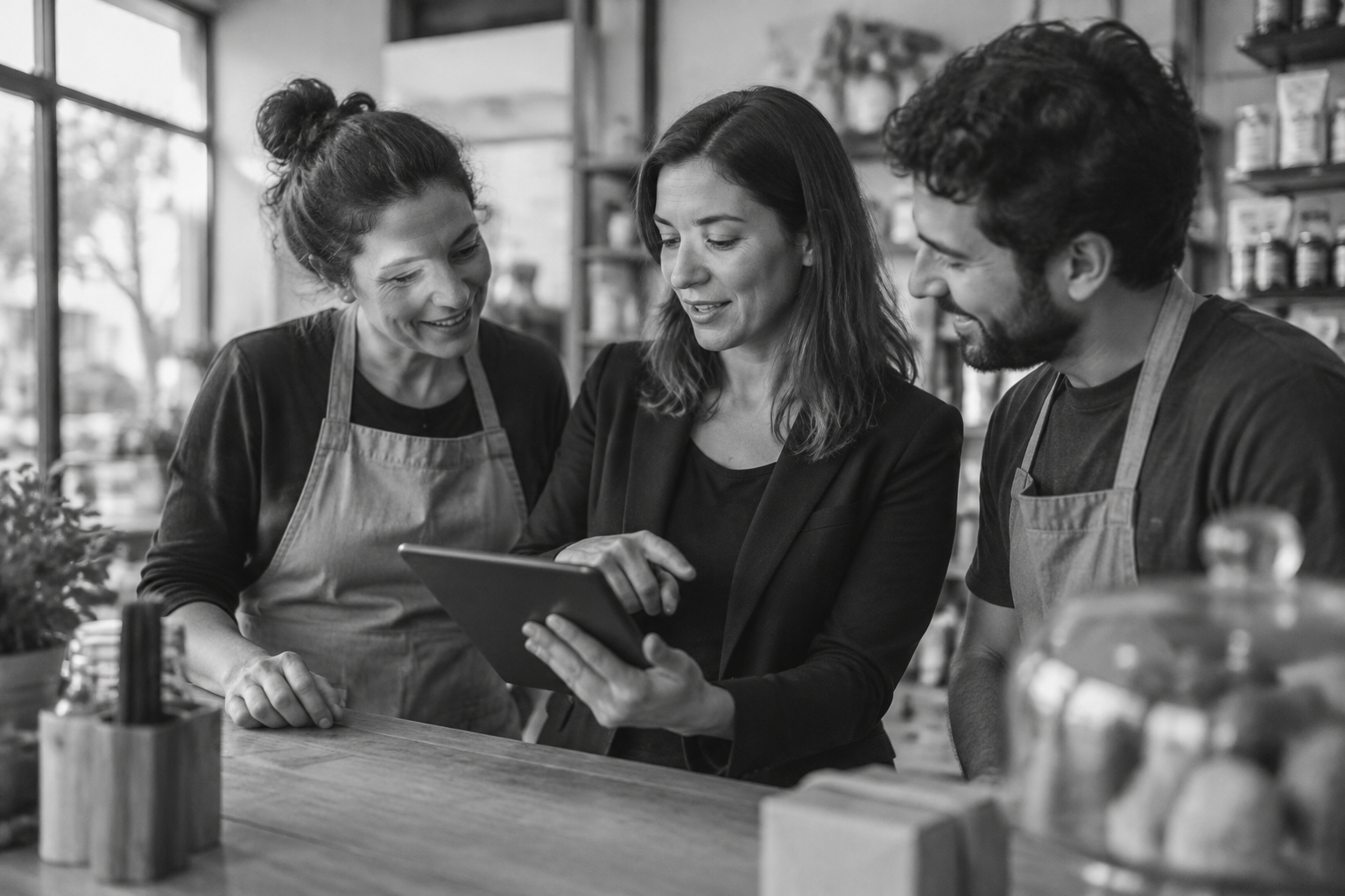 Black-and-white photo of three people in aprons looking at a tablet together