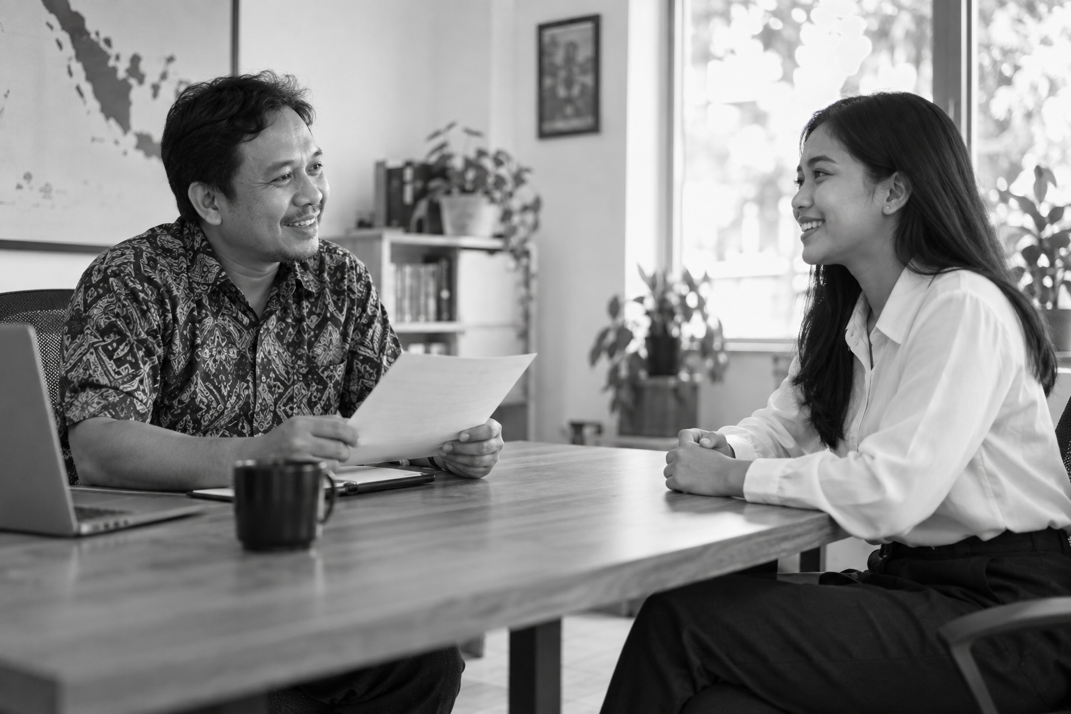 Black-and-white photo of a man and a woman talking across a table with documents