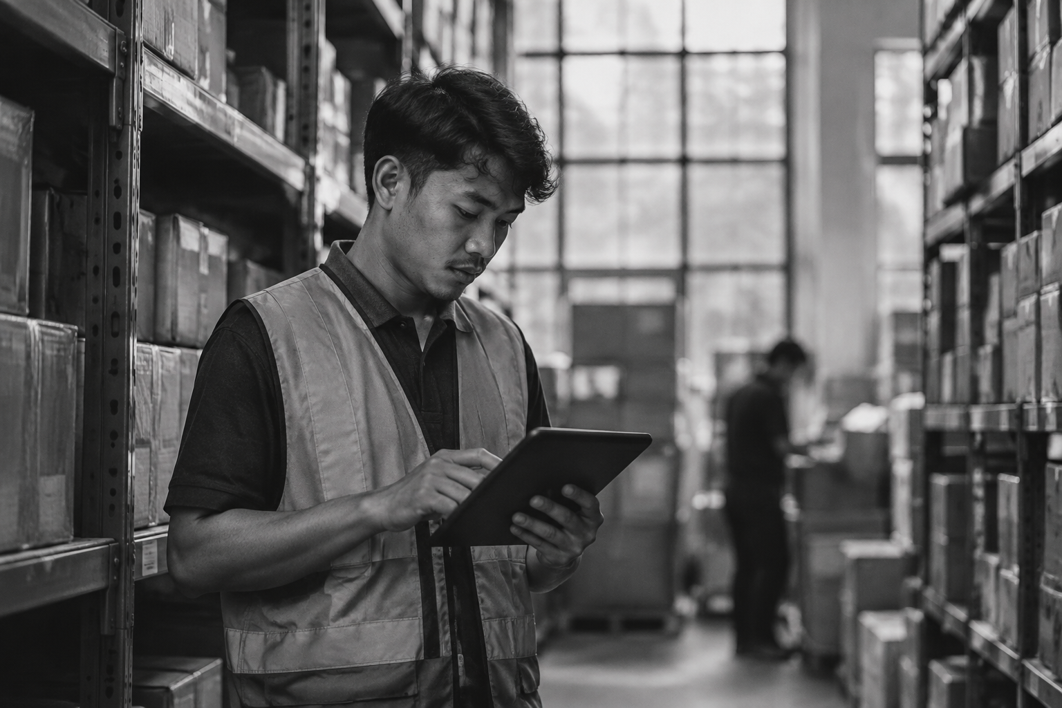 Black-and-white photo of a warehouse worker checking a tablet