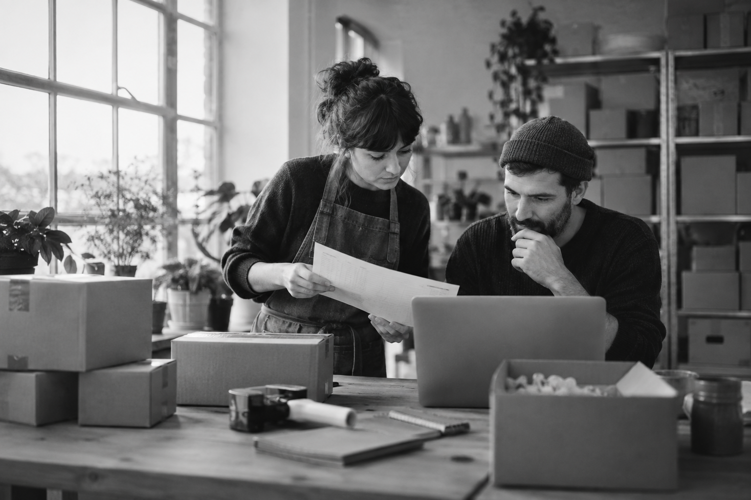 Black-and-white photo of two people packing orders next to a laptop