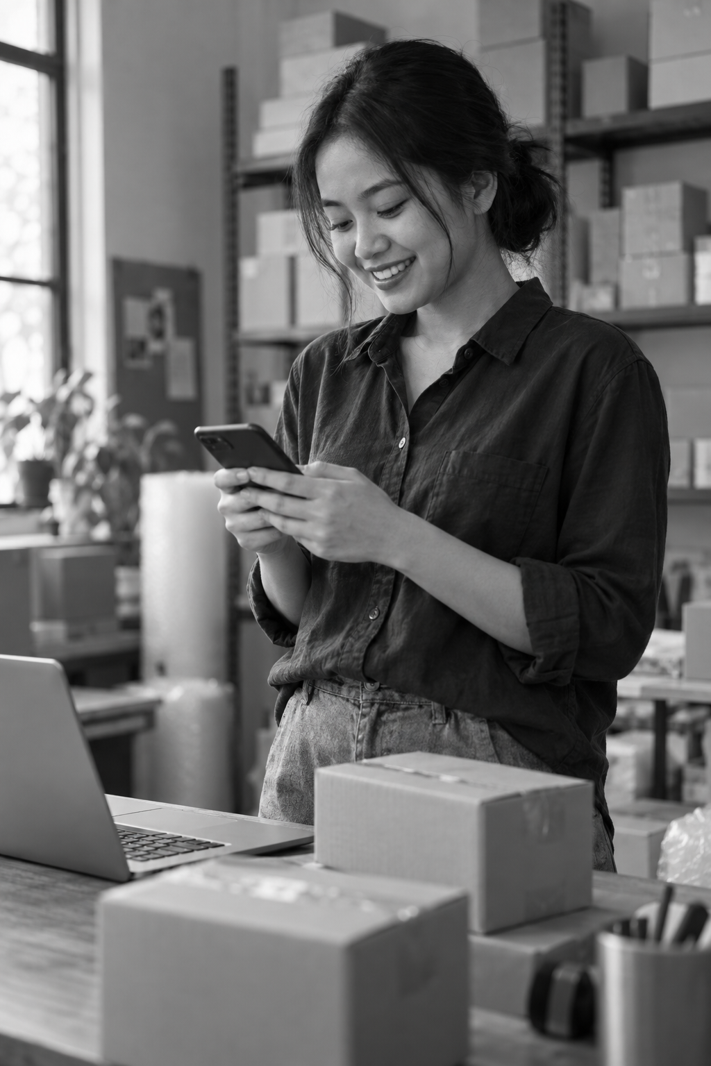 Black-and-white photo of a person smiling at a phone in an office