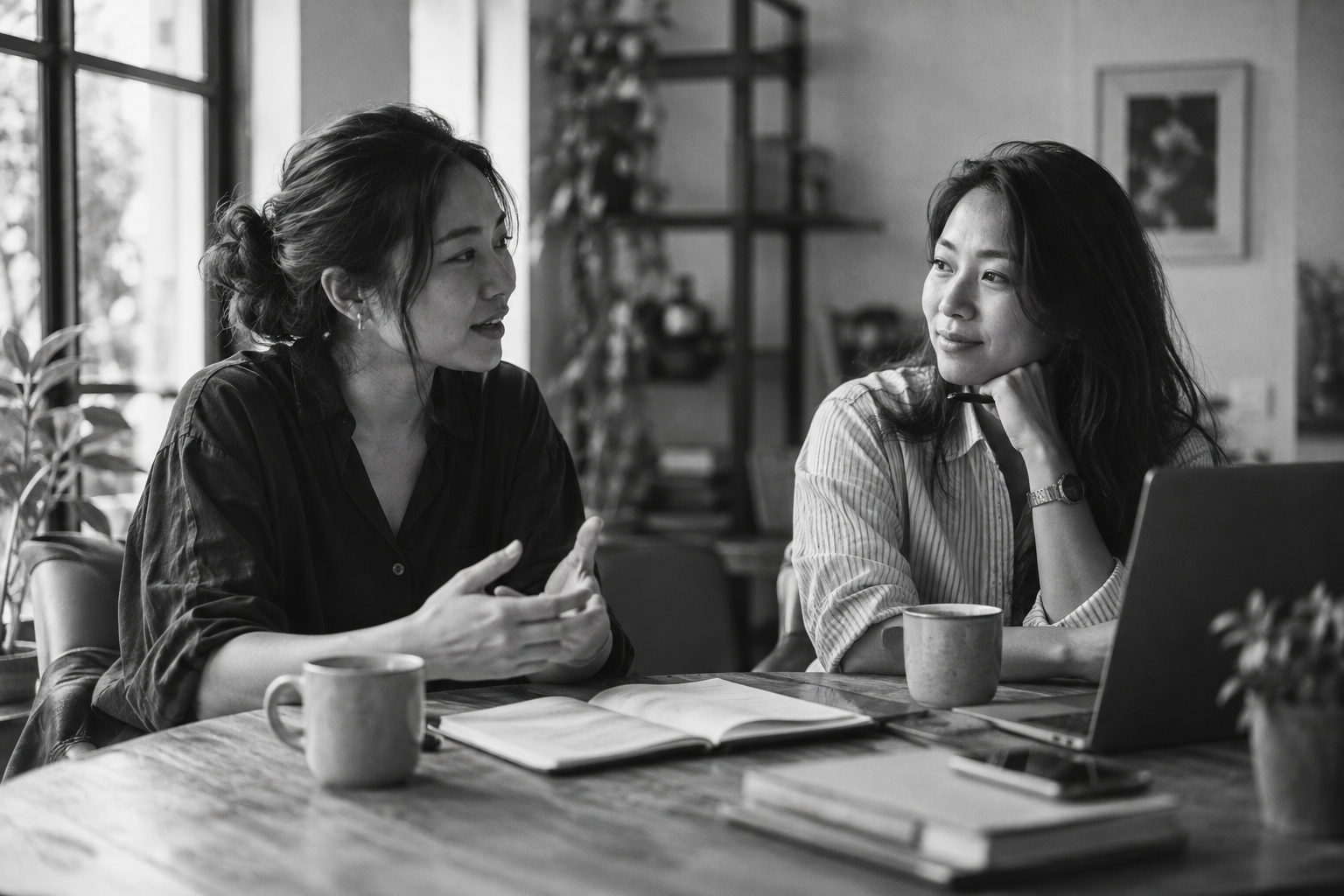 Black-and-white photo of two women talking at a table with notebooks and a laptop