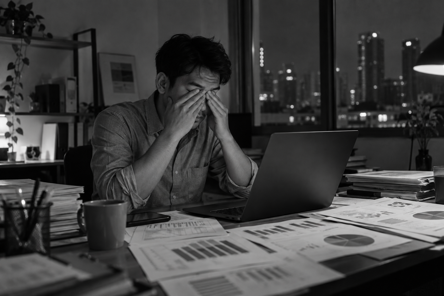 Black-and-white photo of a tired man at a laptop late at night