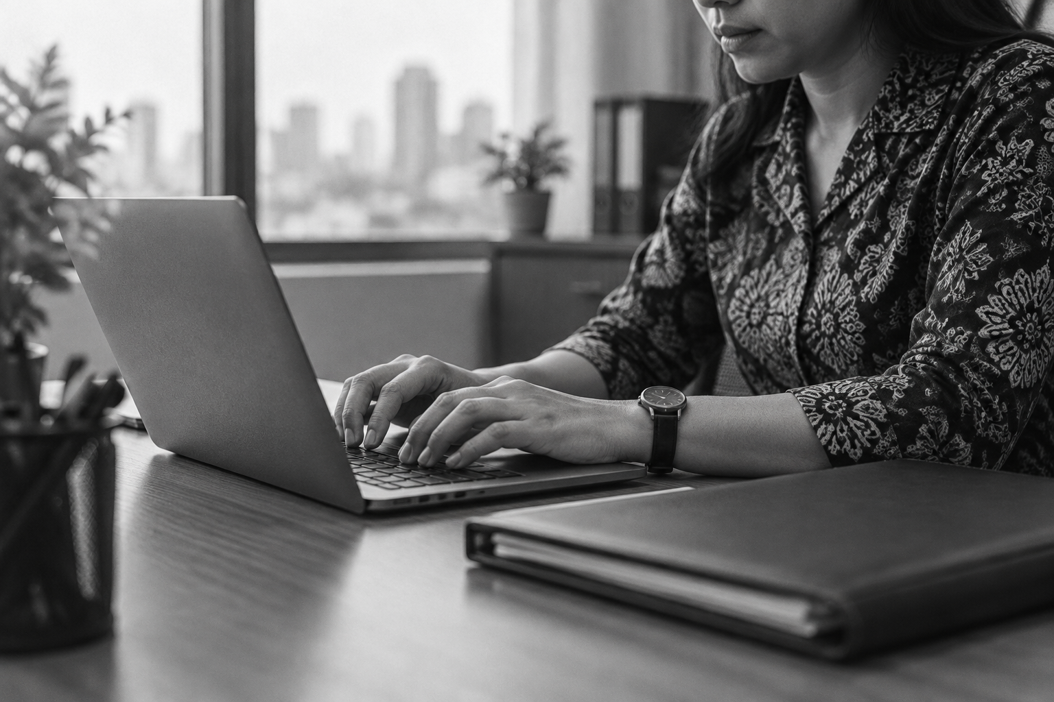 Black-and-white photo of a woman typing on a laptop at an office desk